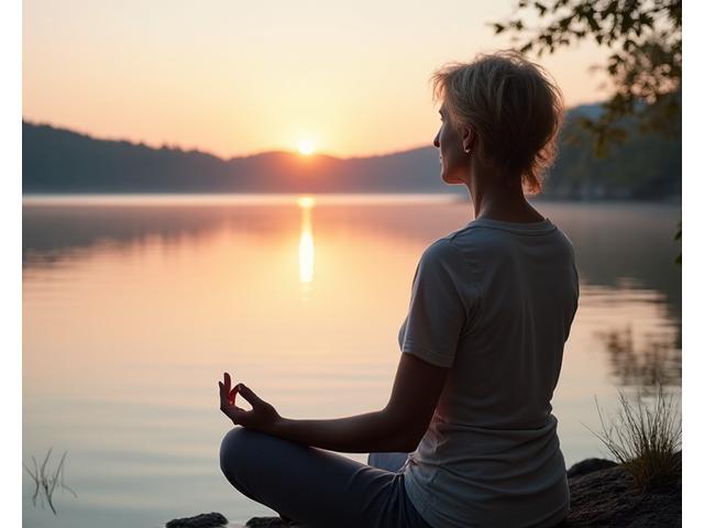Opuštena osoba sedi u meditativnoj pozi na obali jezera pri izlasku sunca, simbolizujući mir i smirenost.
