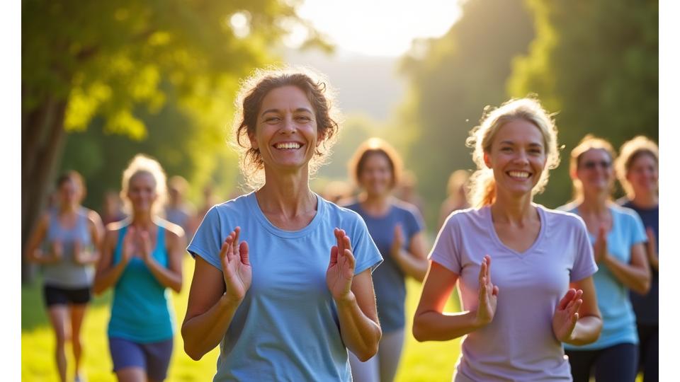 Grupa radosnih ljudi 35+ različitih starosnih grupa, učestvuje u jogi na otvorenom, sa fokusom na snagu i opuštanje, simbolizujući zajedničke izazove i događaje.